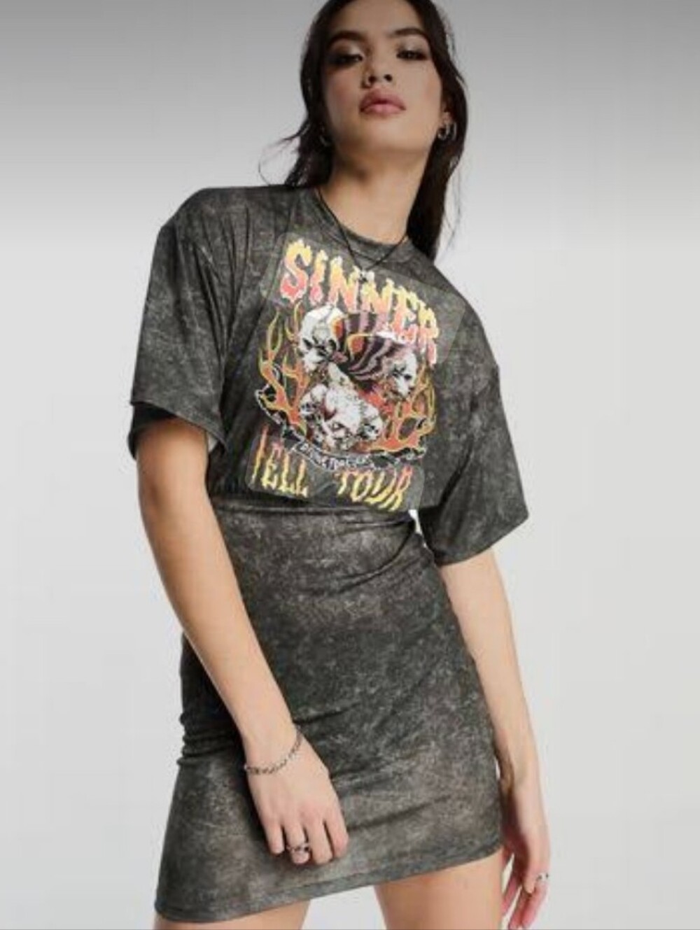 🌼B2G1🌼 ASOS Washed Black Graphic Mini Dress with Skull Flame Print NWT